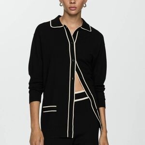 MANGO Oversize Knit Cardigan Black Button Up Shirt Collar Contrast Detail XL